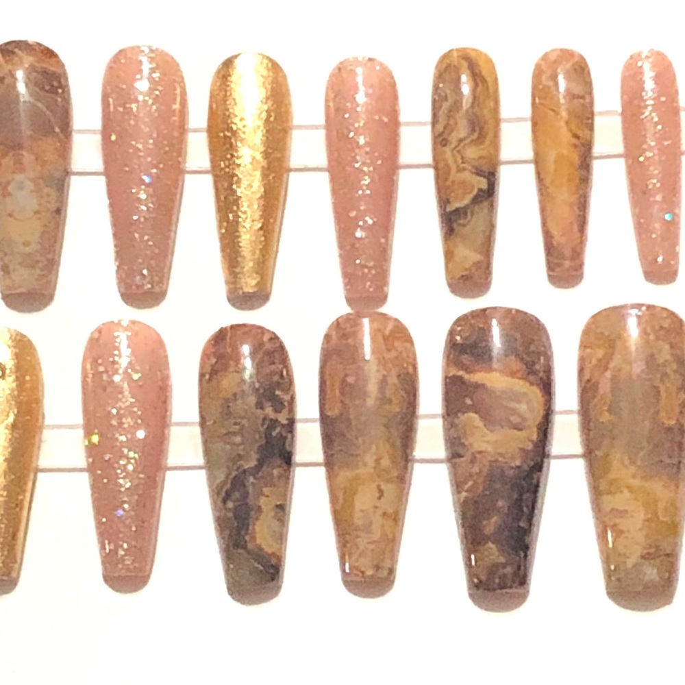 Handmade Custom Press on Nails Long Coffin UV Gel Brown Tan Marble Gold Metallic - Picture 5 of 9